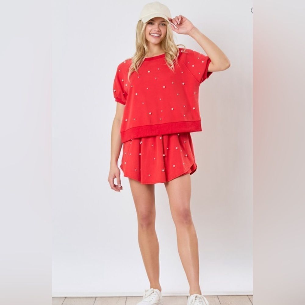 076. PEARL EMBELLISHED RED TERRY SKORT - Picture 8 of 8